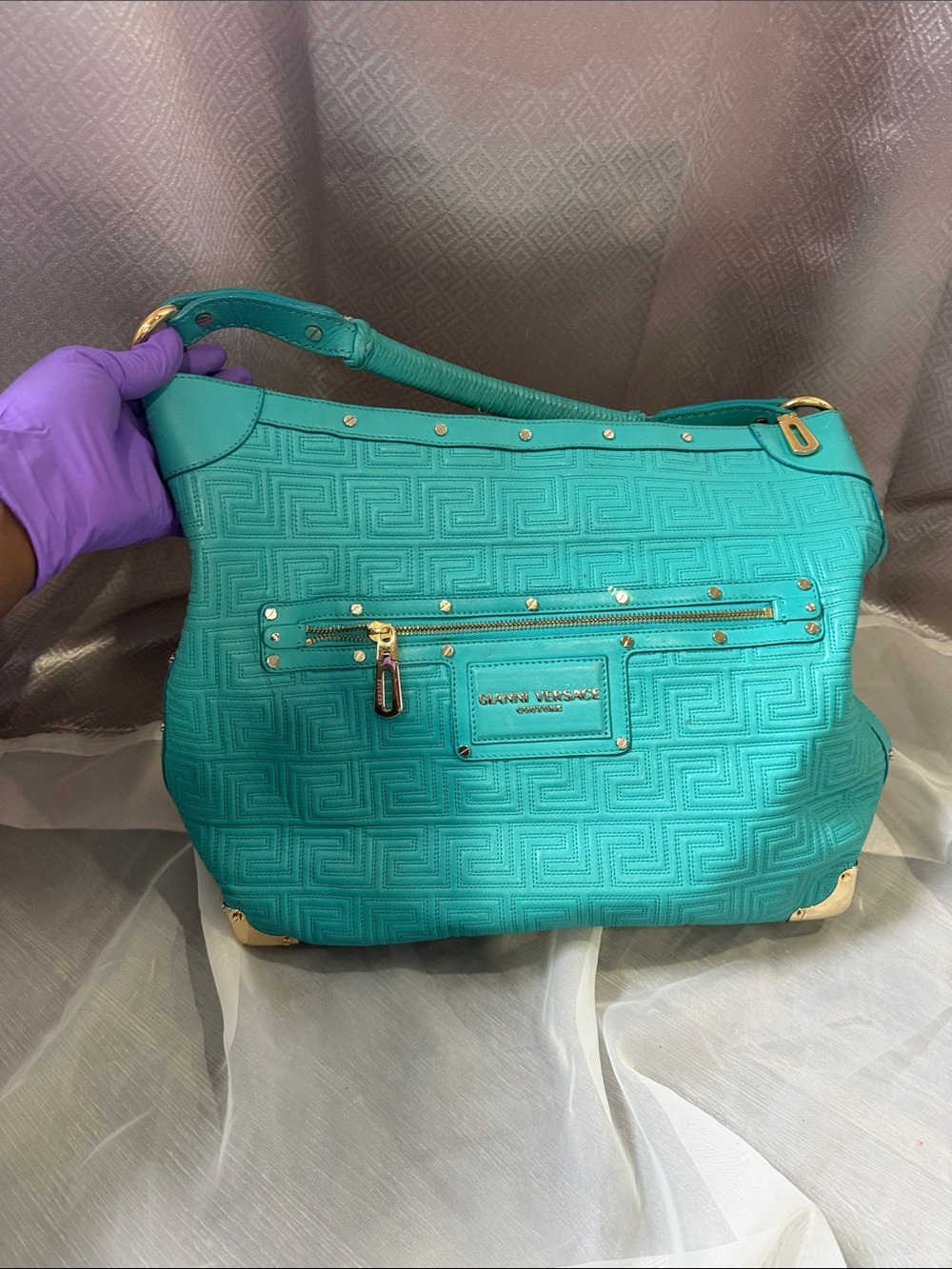 Versace Turquoise Quilted Shoulder Bag with Gold Hardware